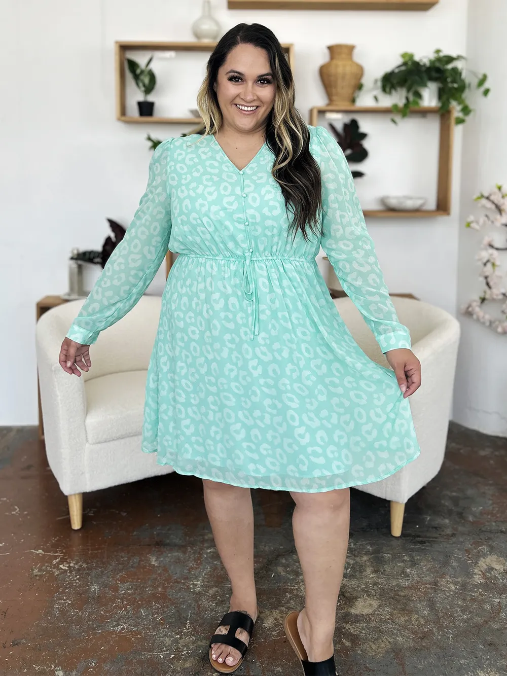 Double Take Full Size Printed Ruched V-Neck Long Sleeve Dress - Image 7