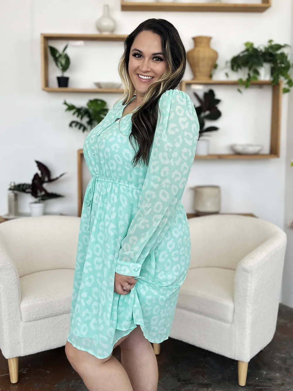 Double Take Full Size Printed Ruched V-Neck Long Sleeve Dress - Image 9