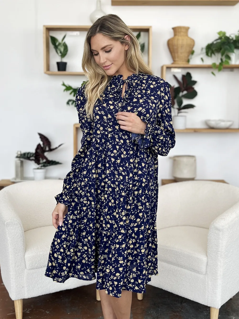 Double Take Full Size Printed Ruffle Hem Long Sleeve Tiered Dress - Image 13