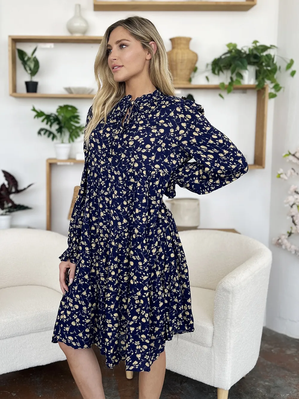 Double Take Full Size Printed Ruffle Hem Long Sleeve Tiered Dress - Image 14