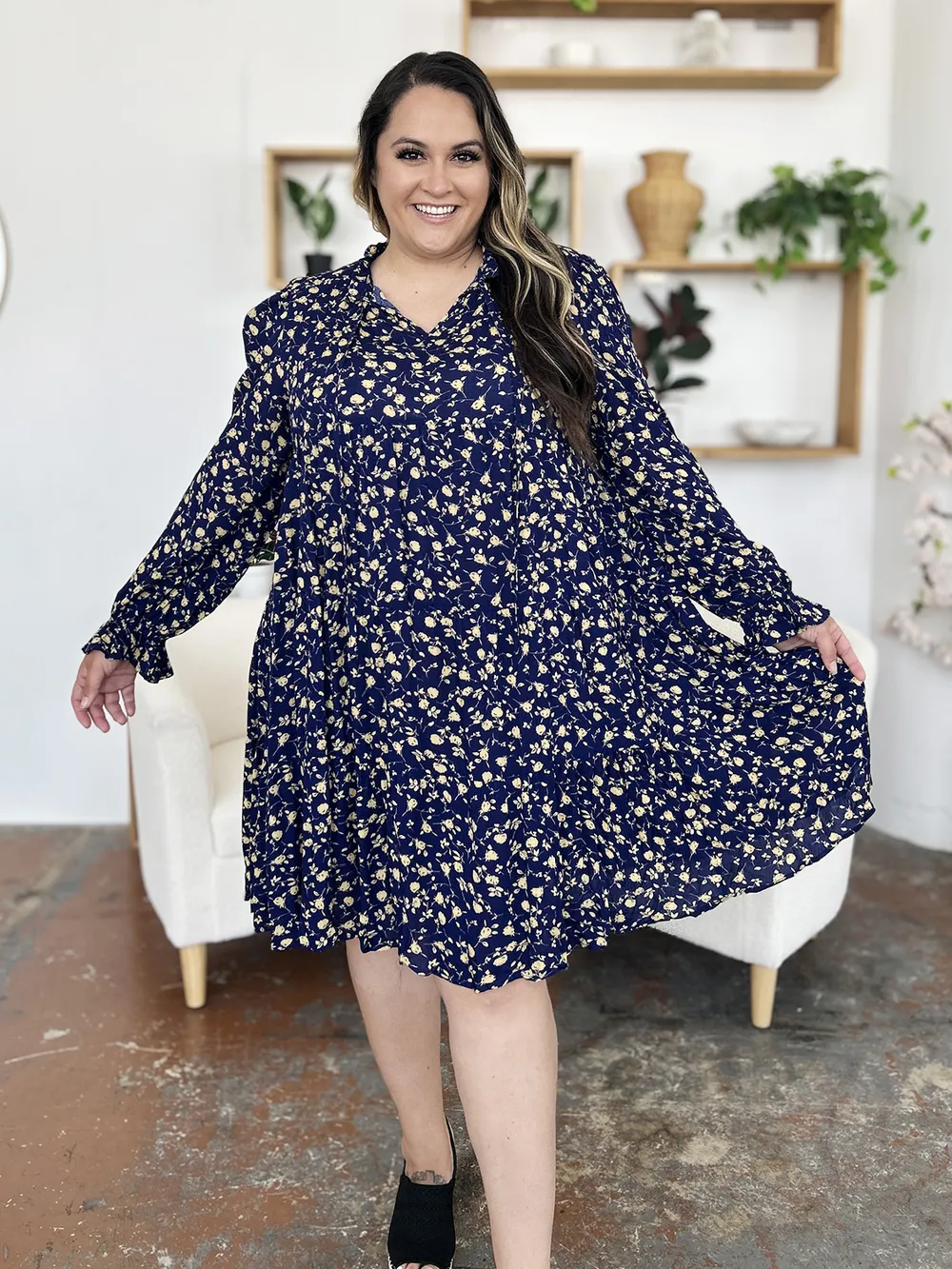 Double Take Full Size Printed Ruffle Hem Long Sleeve Tiered Dress - Image 8