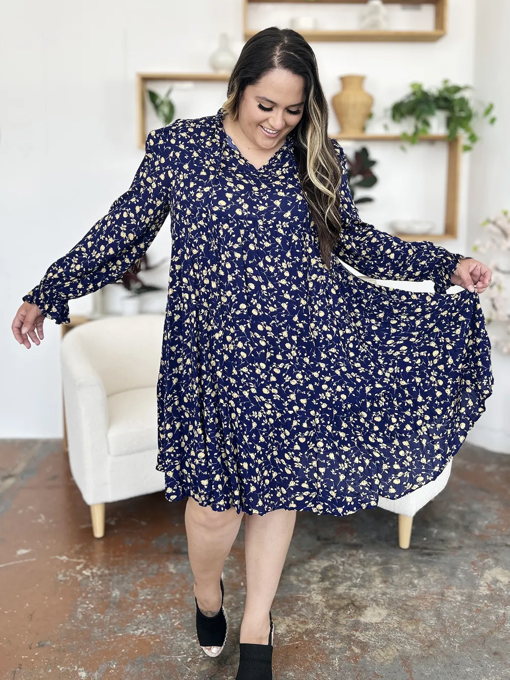 Double Take Full Size Printed Ruffle Hem Long Sleeve Tiered Dress - Image 9