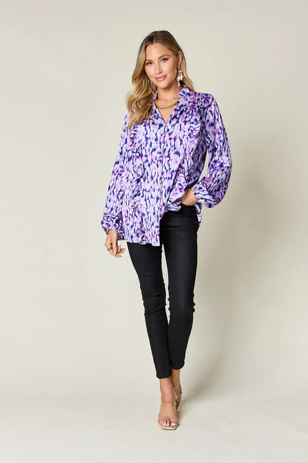 Double Take Full Size Printed Ruffle Trim Balloon Sleeve Shirt - Image 22