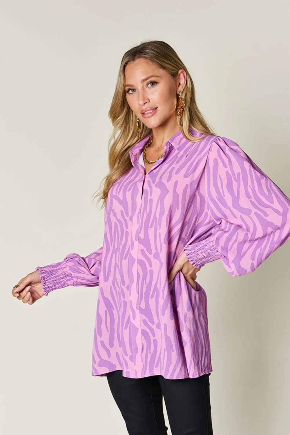 Double Take Full Size Printed Smocked Long Sleeve Blouse Plus Size - Image 4