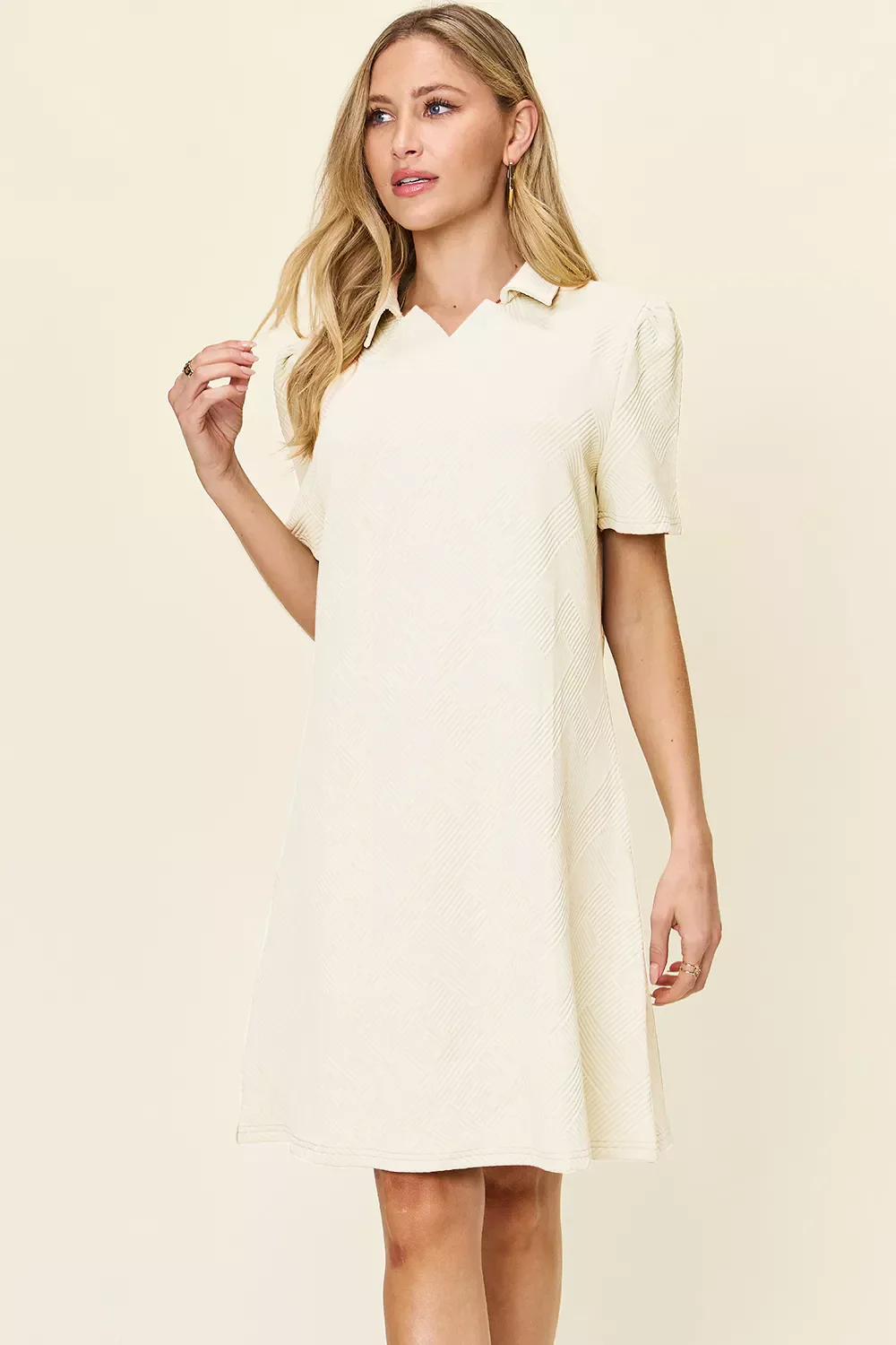 Double Take Full Size Texture Collared Neck Short Sleeve Dress - Image 10
