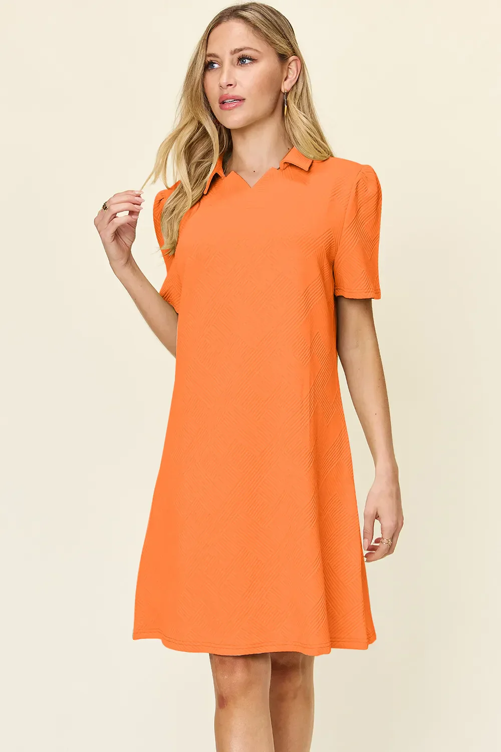 Double Take Full Size Texture Collared Neck Short Sleeve Dress - Image 16