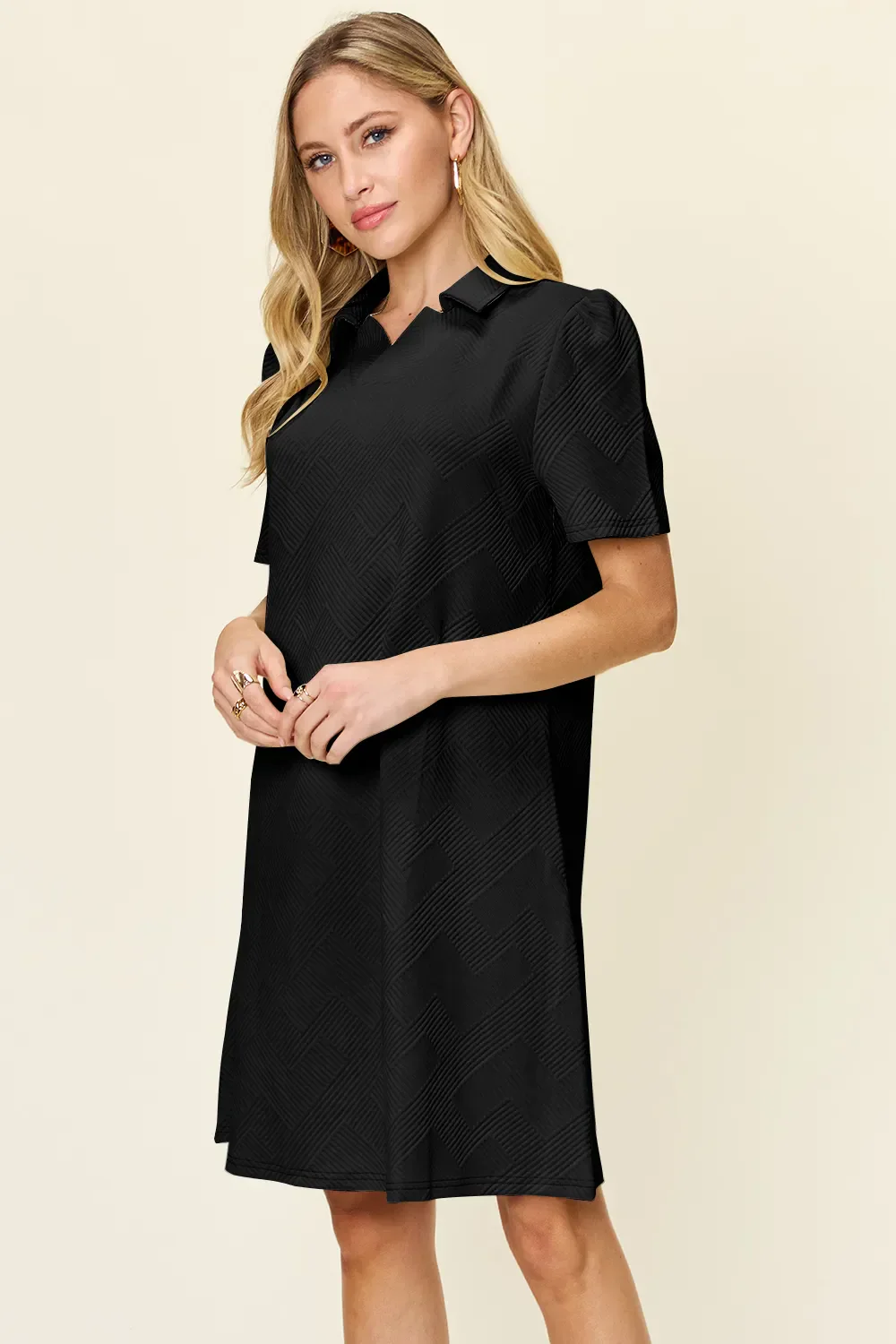 Double Take Full Size Texture Collared Neck Short Sleeve Dress - Image 20