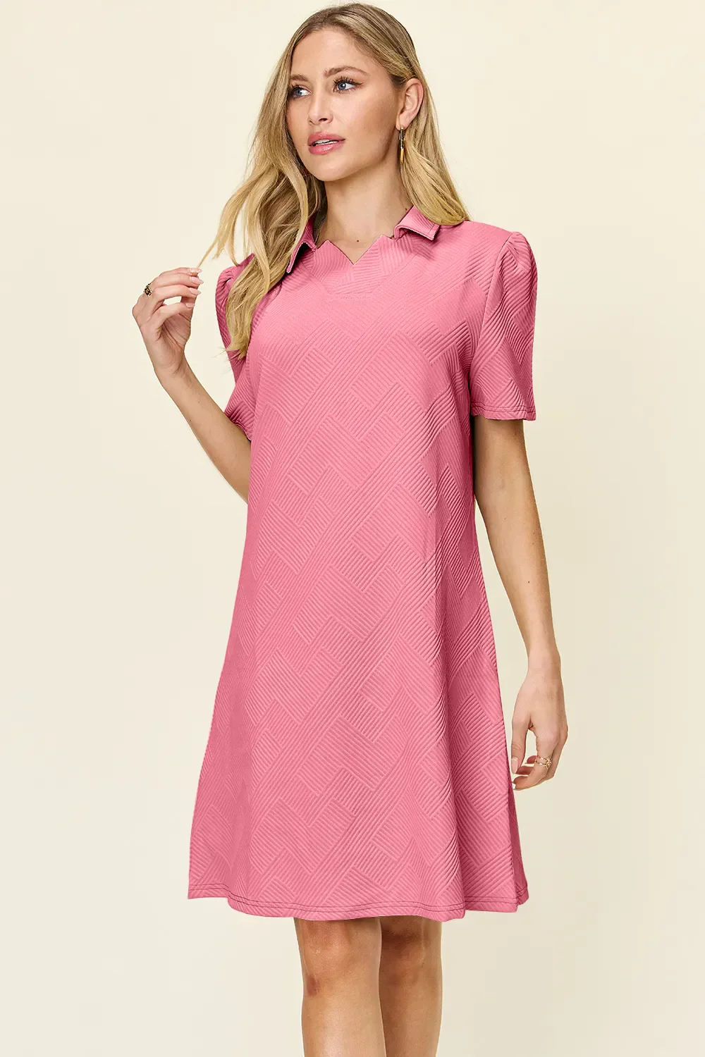 Double Take Full Size Texture Collared Neck Short Sleeve Dress - Image 25