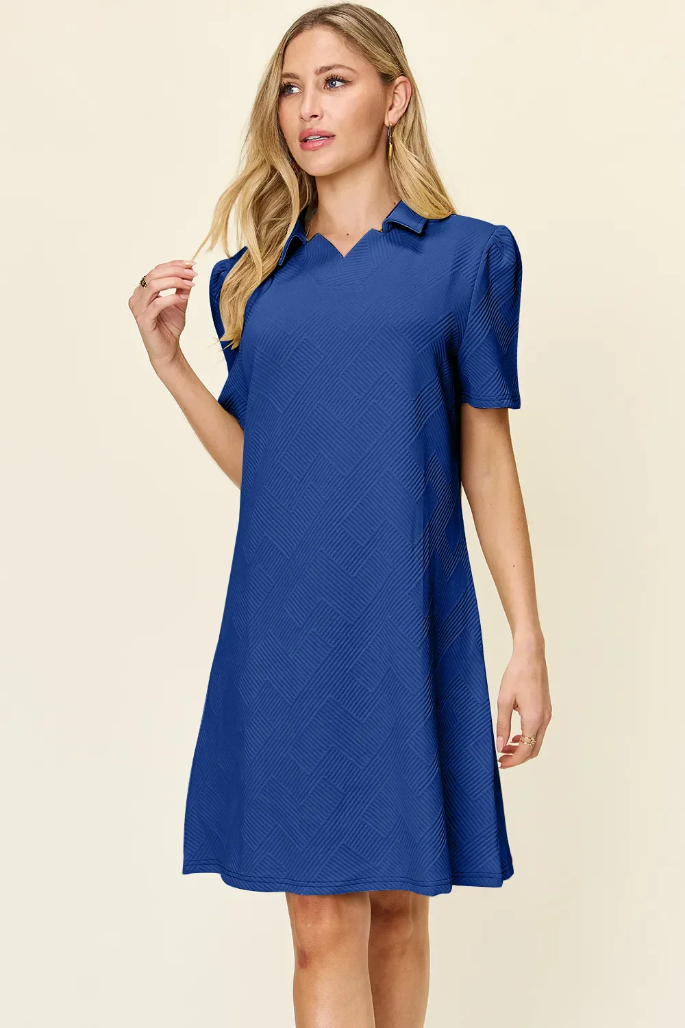 Double Take Full Size Texture Collared Neck Short Sleeve Dress - Image 28