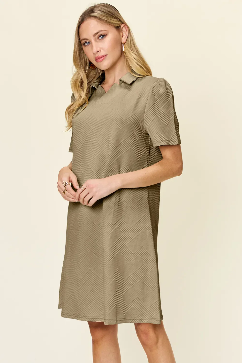 Double Take Full Size Texture Collared Neck Short Sleeve Dress - Image 32