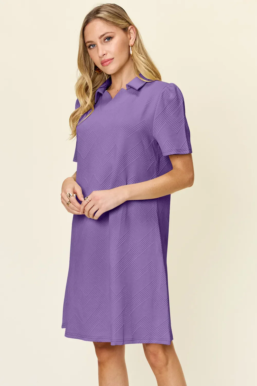 Double Take Full Size Texture Collared Neck Short Sleeve Dress - Image 5