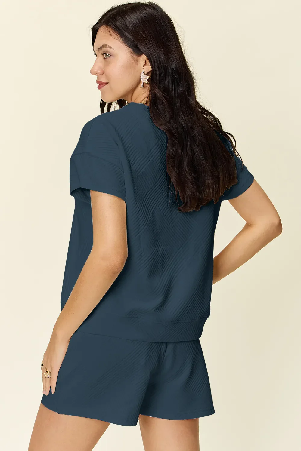Double Take Full Size Texture Short Sleeve T-Shirt and Drawstring Shorts Set - Image 23
