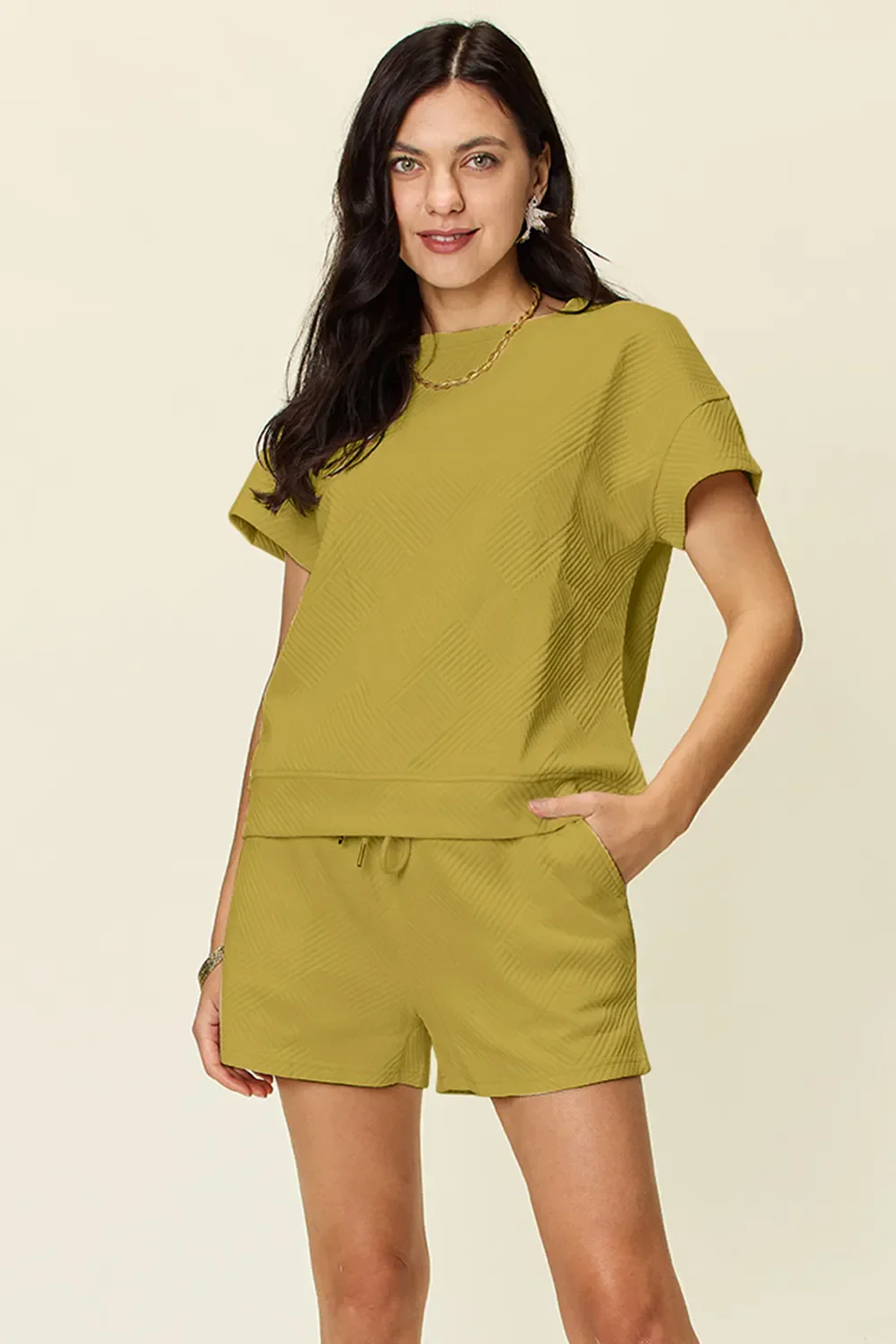 Double Take Full Size Texture Short Sleeve T-Shirt and Drawstring Shorts Set - Image 32