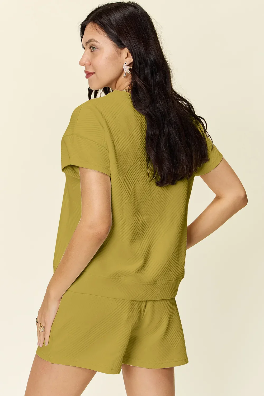 Double Take Full Size Texture Short Sleeve T-Shirt and Drawstring Shorts Set - Image 33