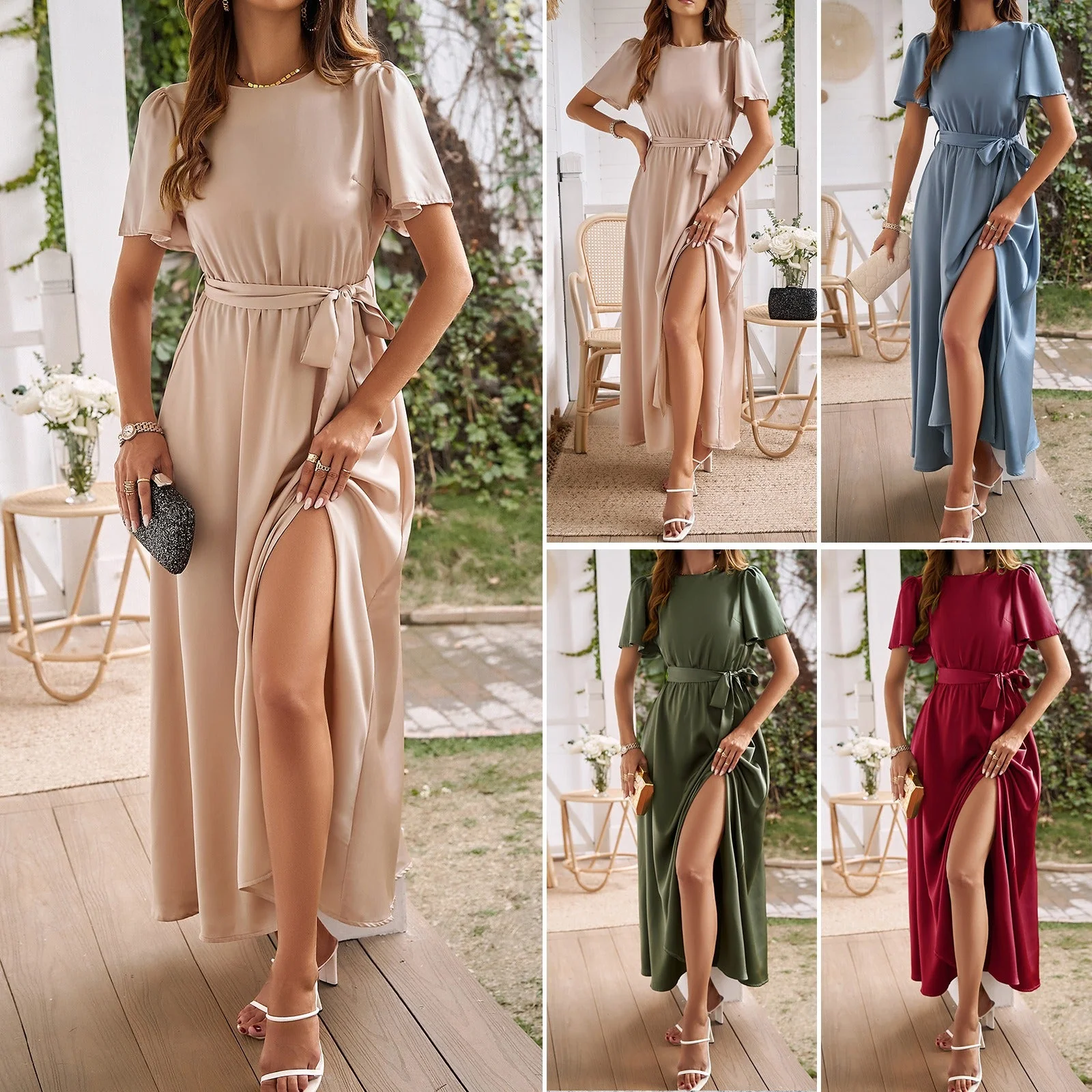 Dress With Spring and Summer Temperament, Solid Color Lace up Slit Dress - Image 9
