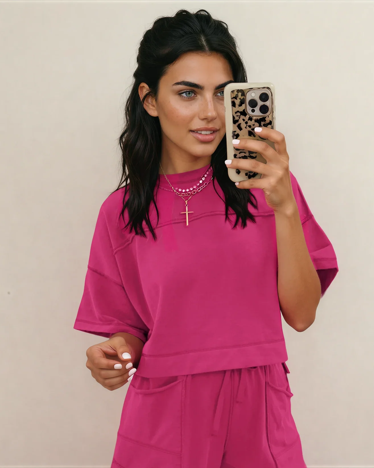 Drop Shoulder Boxy Tee and Barrel Pants Set - Rose Red - Image 3