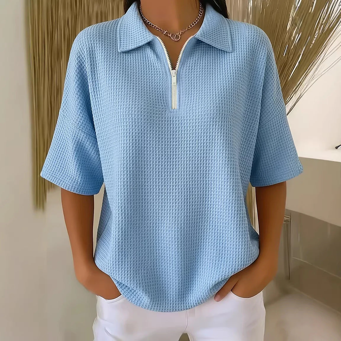 Drop Shoulder Half-Zip Waffle Knit Top – 3/4 Sleeve Pullover - Image 2
