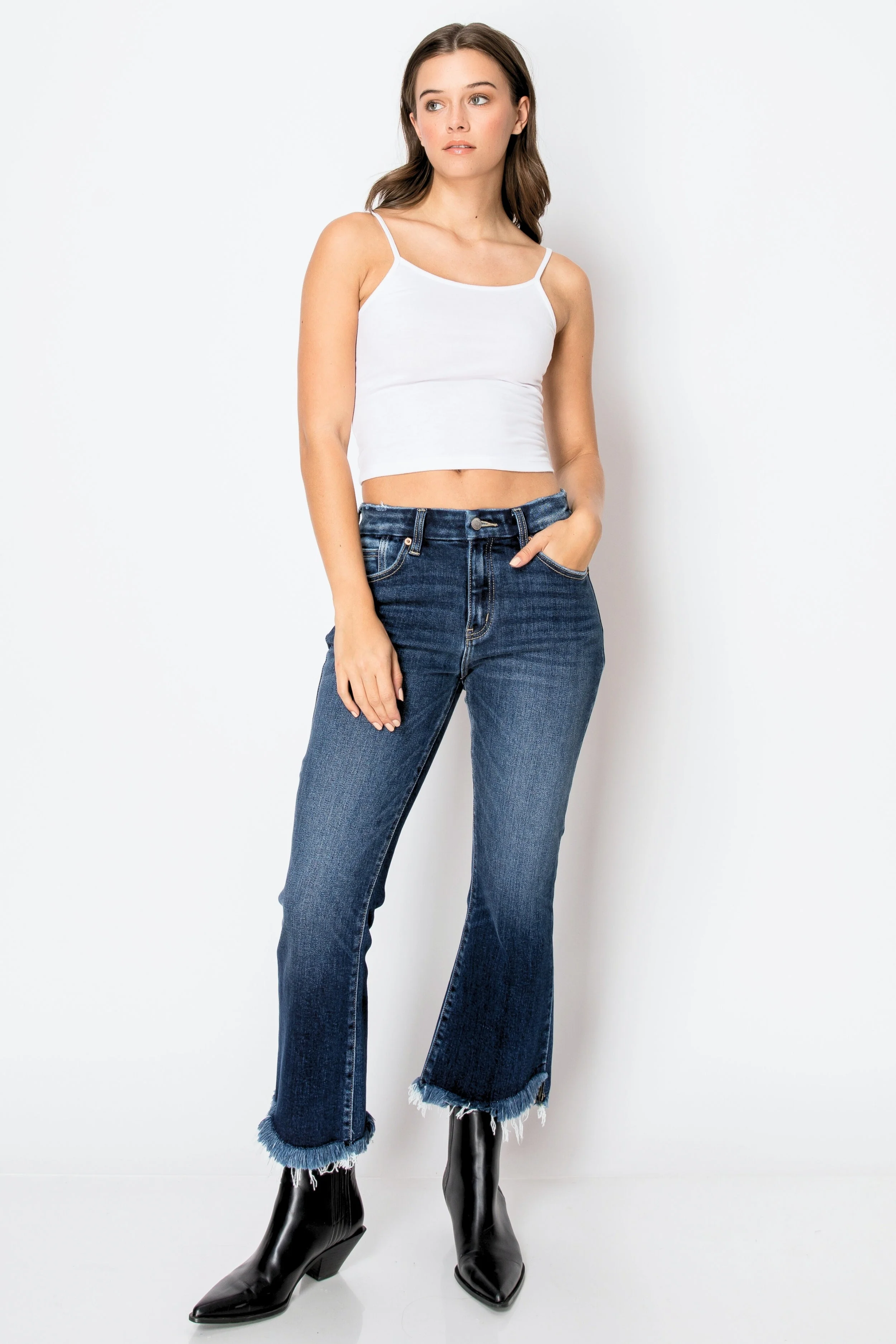 Eco Friendly Corset High Rise Crop Flare Jeans (Dark Wash) - Image 6