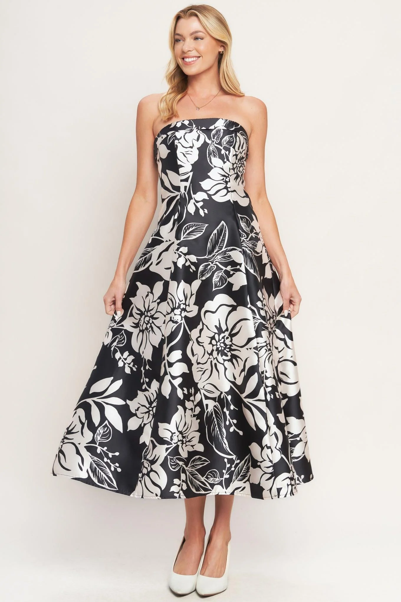 Elegant Bloom Swirl Woven Midi Dress - Image 4