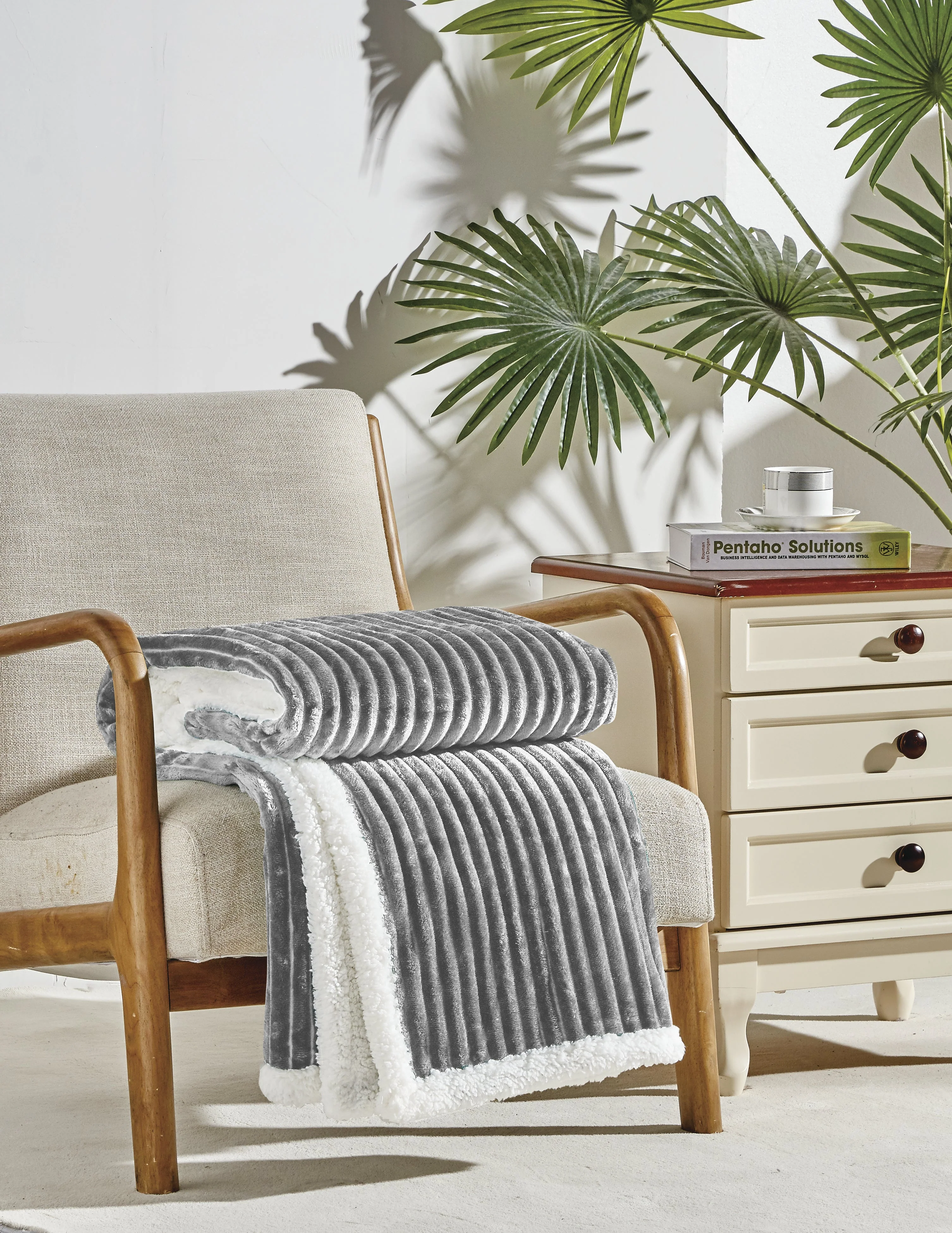 Elegant Comfort Corduroy Sherpa Reversible Throw Blanket, Medium Weight and Super Plush - Soft, Fuzzy and Plush Flannel Blanket - Micro-Suede - Corduroy Striped Pattern, 50 x 60 Inch Throw, - Image 2
