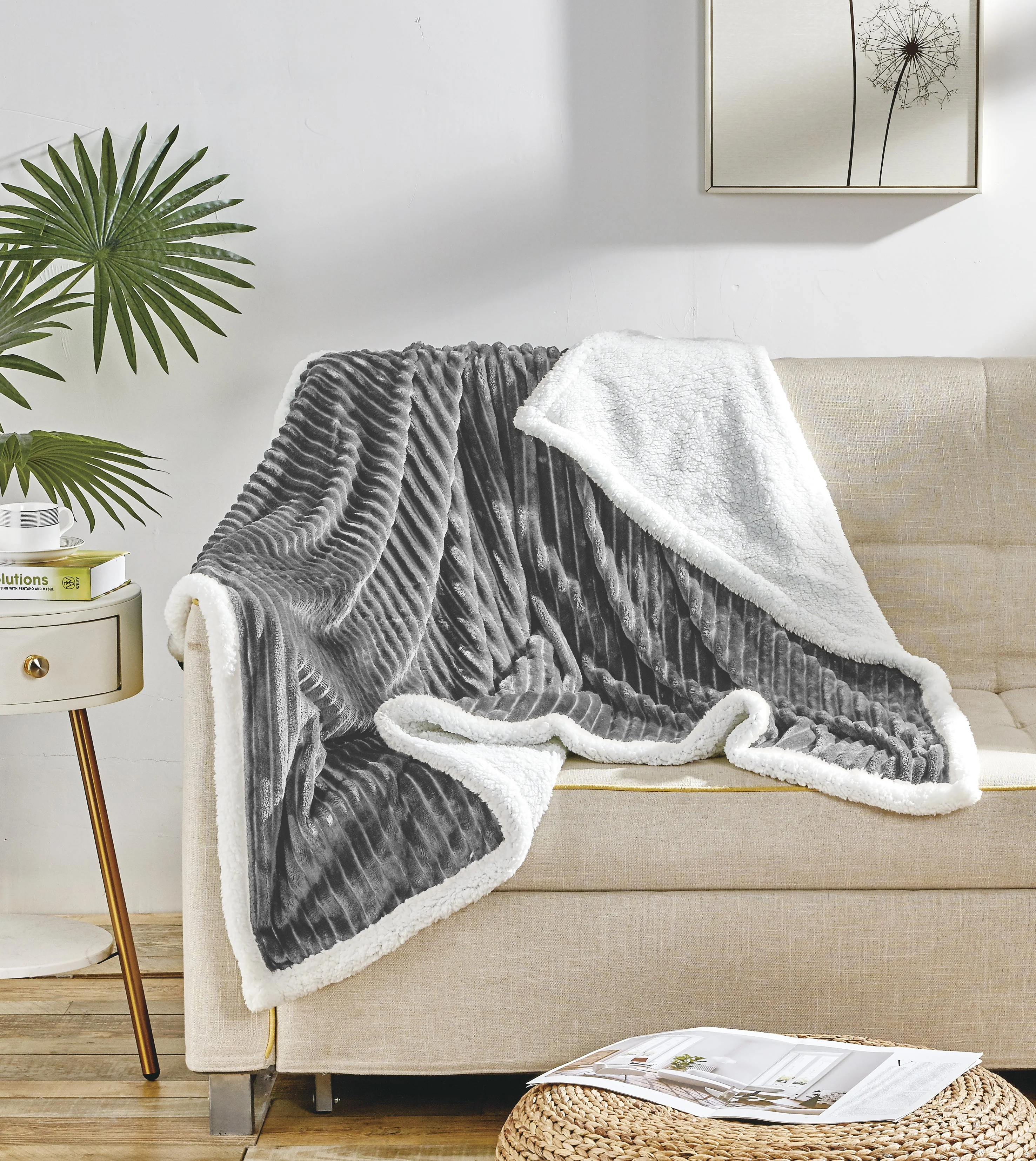 Elegant Comfort Corduroy Sherpa Reversible Throw Blanket, Medium Weight and Super Plush - Soft, Fuzzy and Plush Flannel Blanket - Micro-Suede - Corduroy Striped Pattern, 50 x 60 Inch Throw, - Image 6
