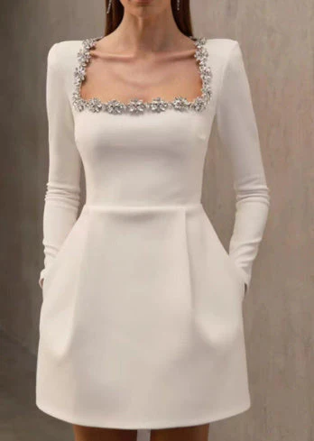 Elegant Square Neck Long-Sleeved Dress With Flowers Rhinestone Design - Image 8