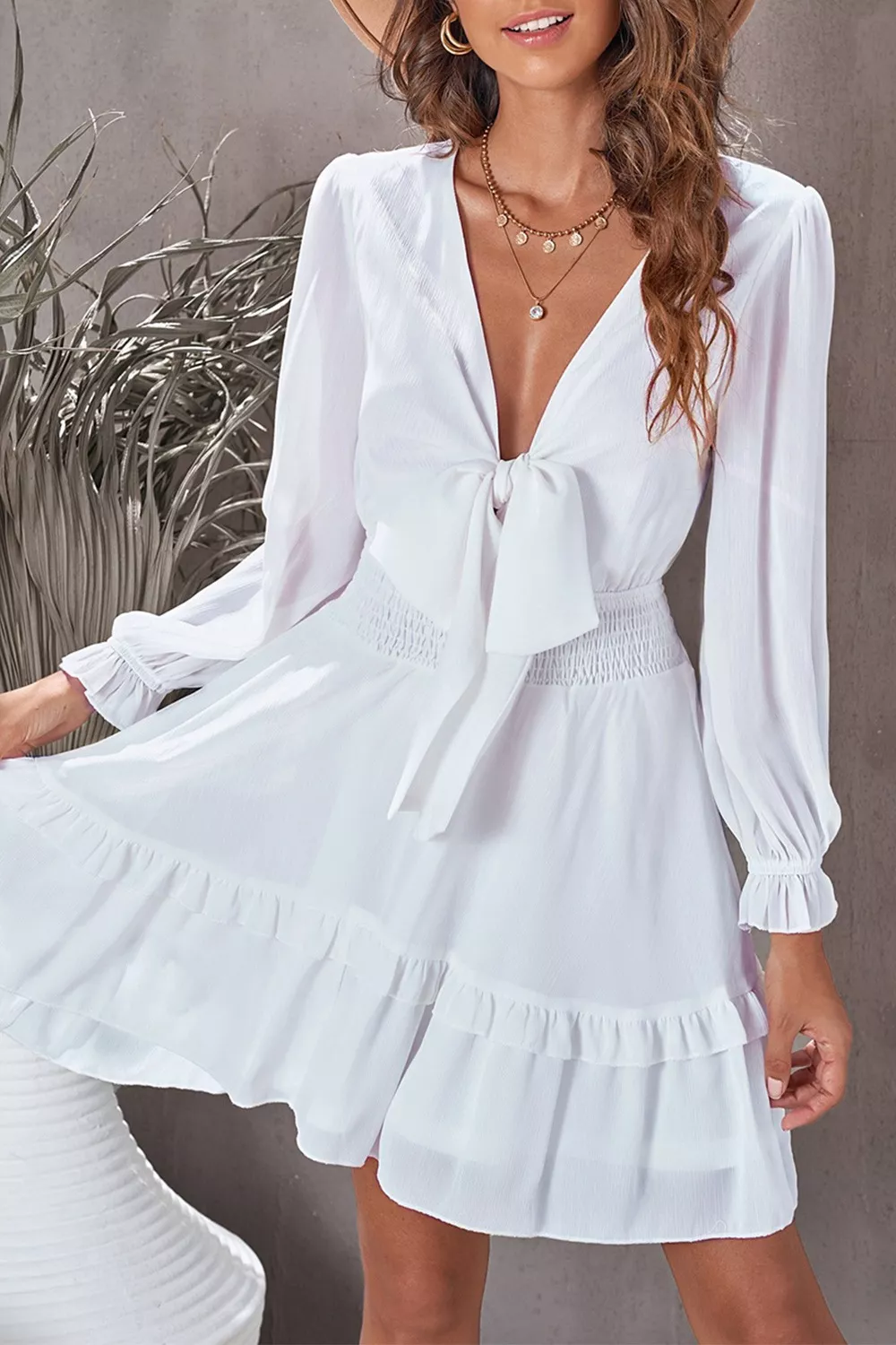 Elegant Tie-Front Ruffle Mini Dress with Smocked Wiast - Image 7