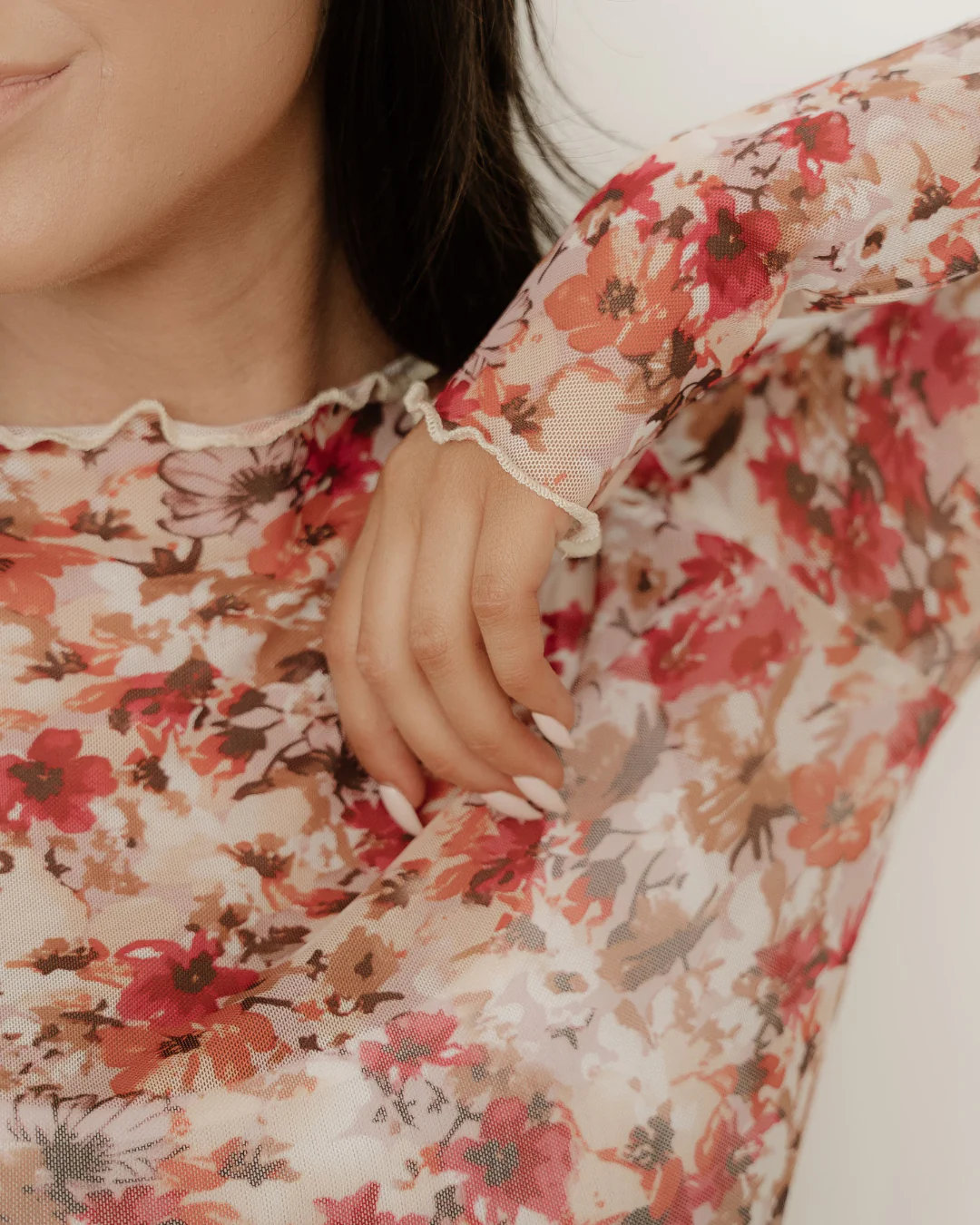 Elise Floral Print Mesh Long Sleeve Top - Image 4