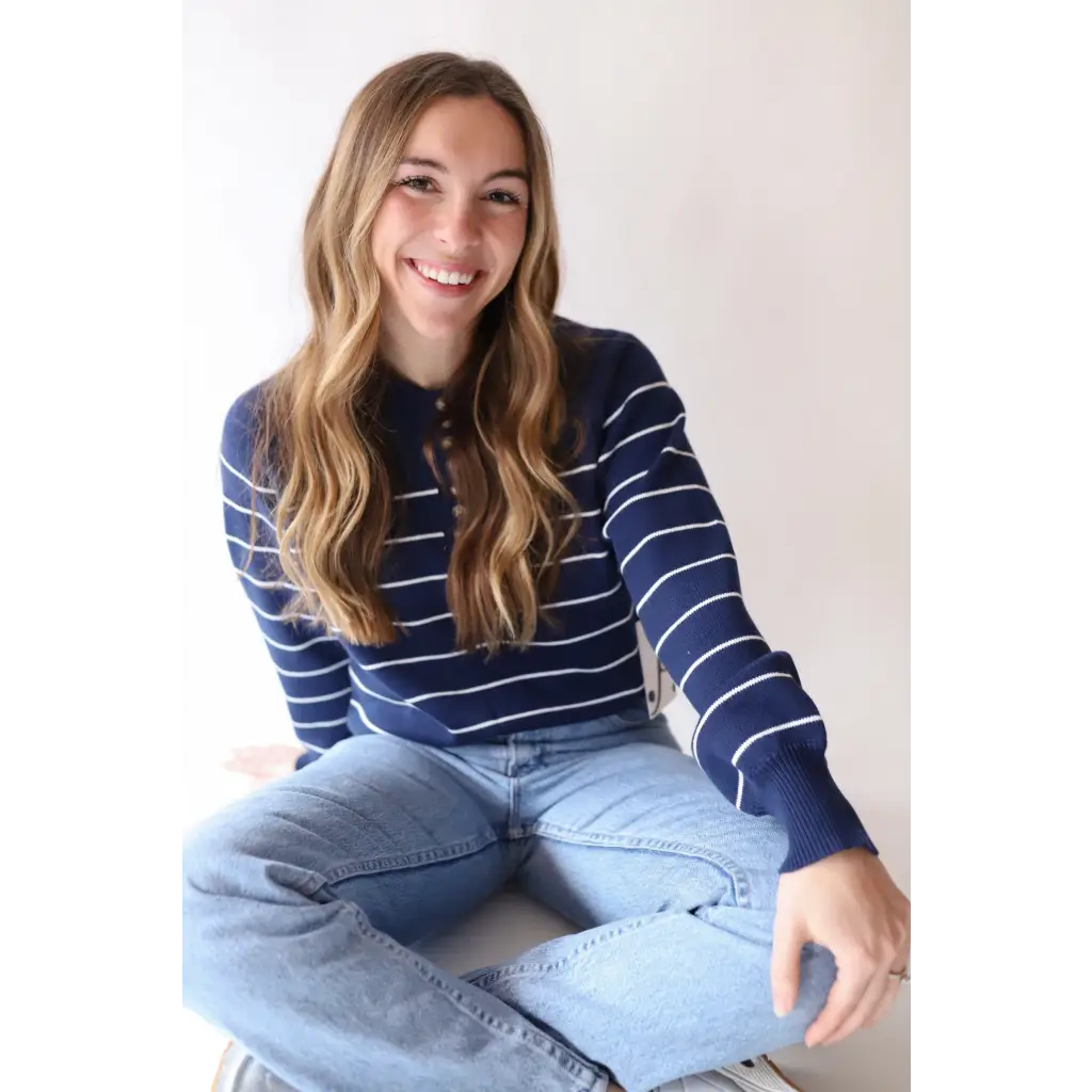 Ellen Henley Sweater in Navy with White Stripes - Image 2