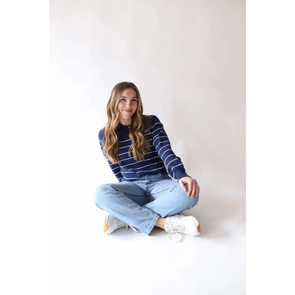 Ellen Henley Sweater in Navy with White Stripes - Image 3