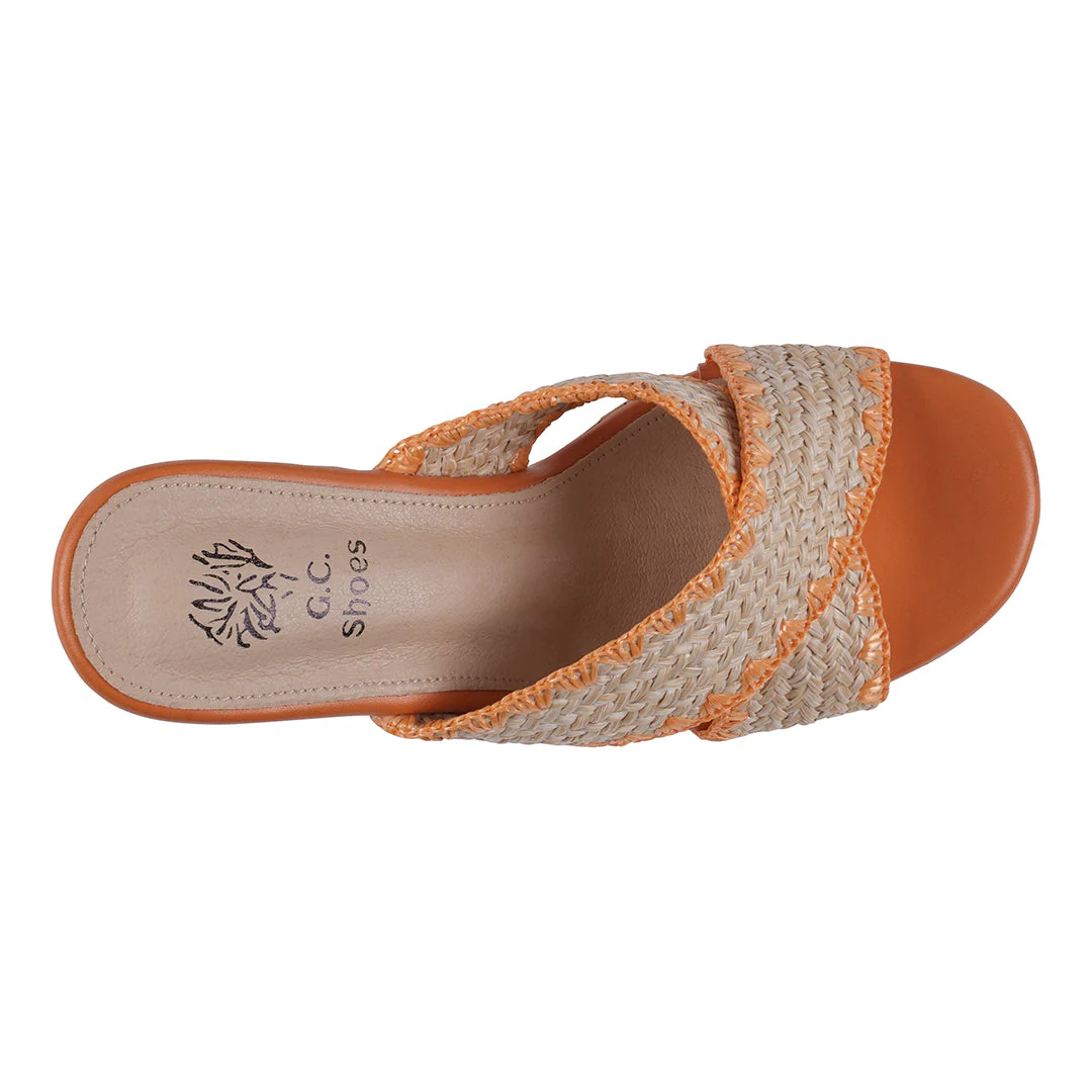 Elsa Orange Woven Cross Strap Wooden Platform Heeled Sandals - Image 5