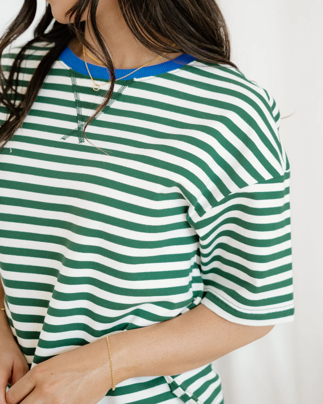Elsa Stripe Drop Shoulder Boxy Casual Terry Short Set - Green - Image 5