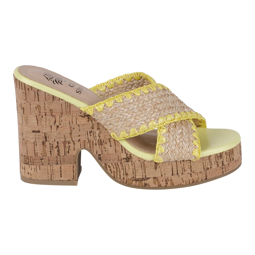 Elsa Yellow Woven Cross Strap Wooden Platform Heeled Sandals - Image 4