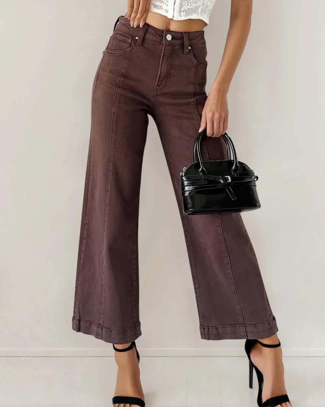 Elsie Solid Color Seamed Center Wide Leg Cropped Jeans - Red Sandalwood - Image 2