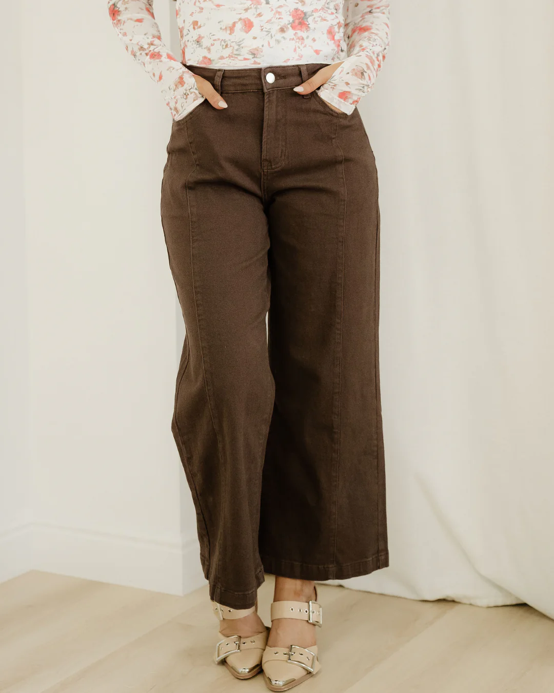 Elsie Solid Color Seamed Center Wide Leg Cropped Jeans - Red Sandalwood - Image 5