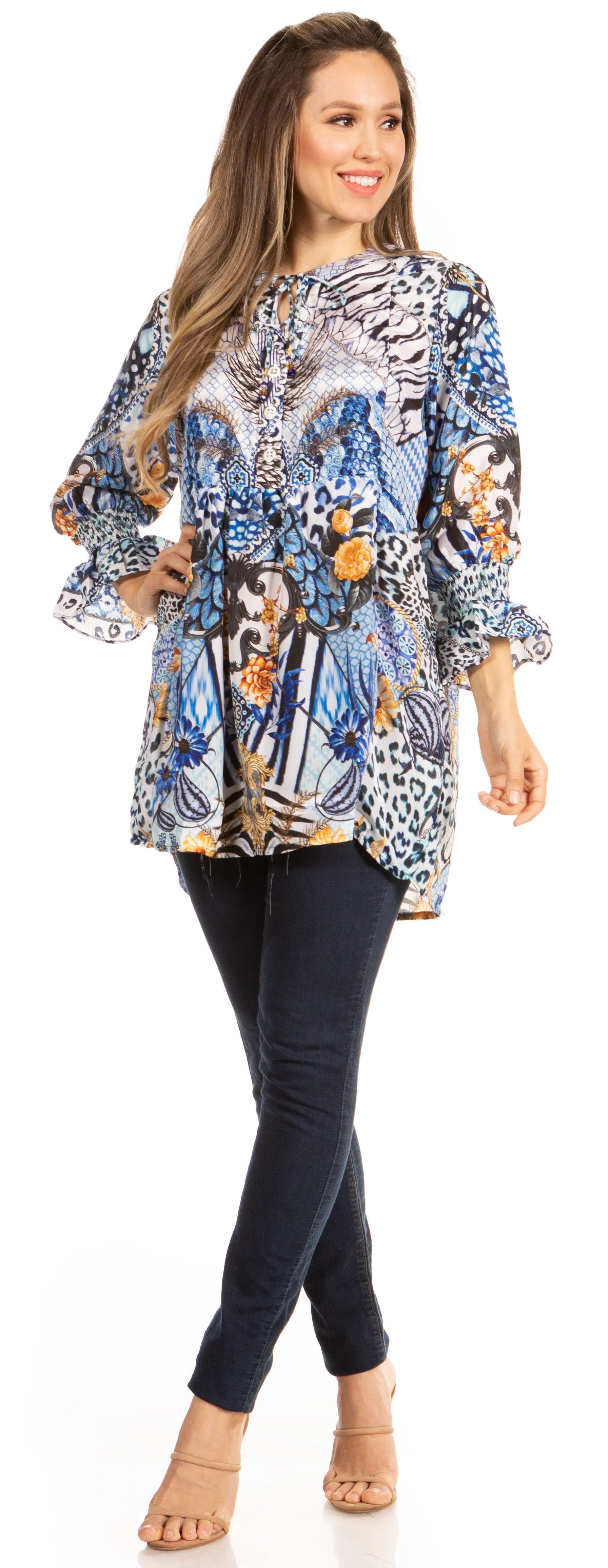 Elvira Floral Tunic Blouse - Women's Loose Swing Top with Long Sleeves and Scoop Neck by Sakkas - Image 10