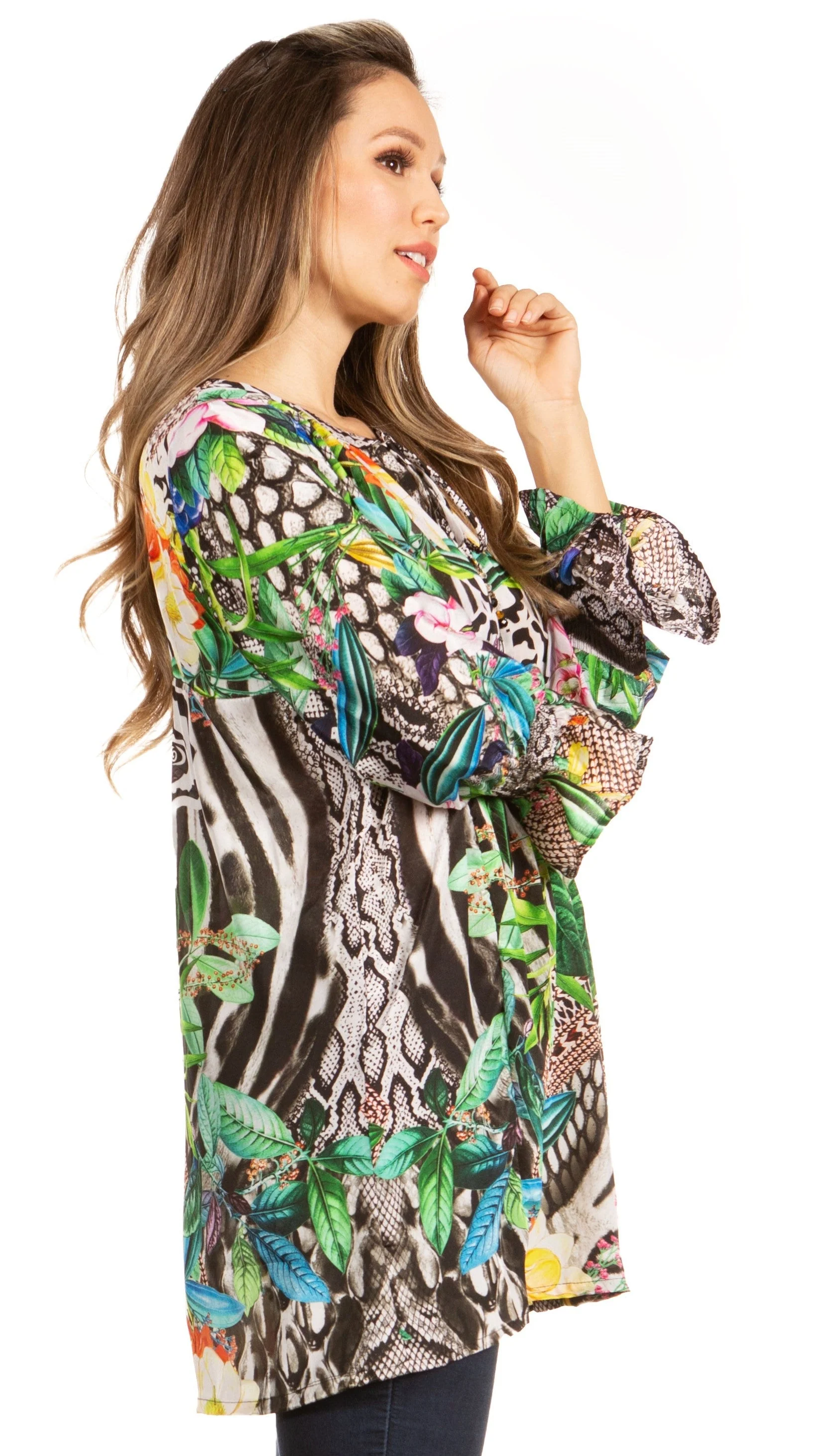 Elvira Floral Tunic Blouse - Women's Loose Swing Top with Long Sleeves and Scoop Neck by Sakkas - Image 14