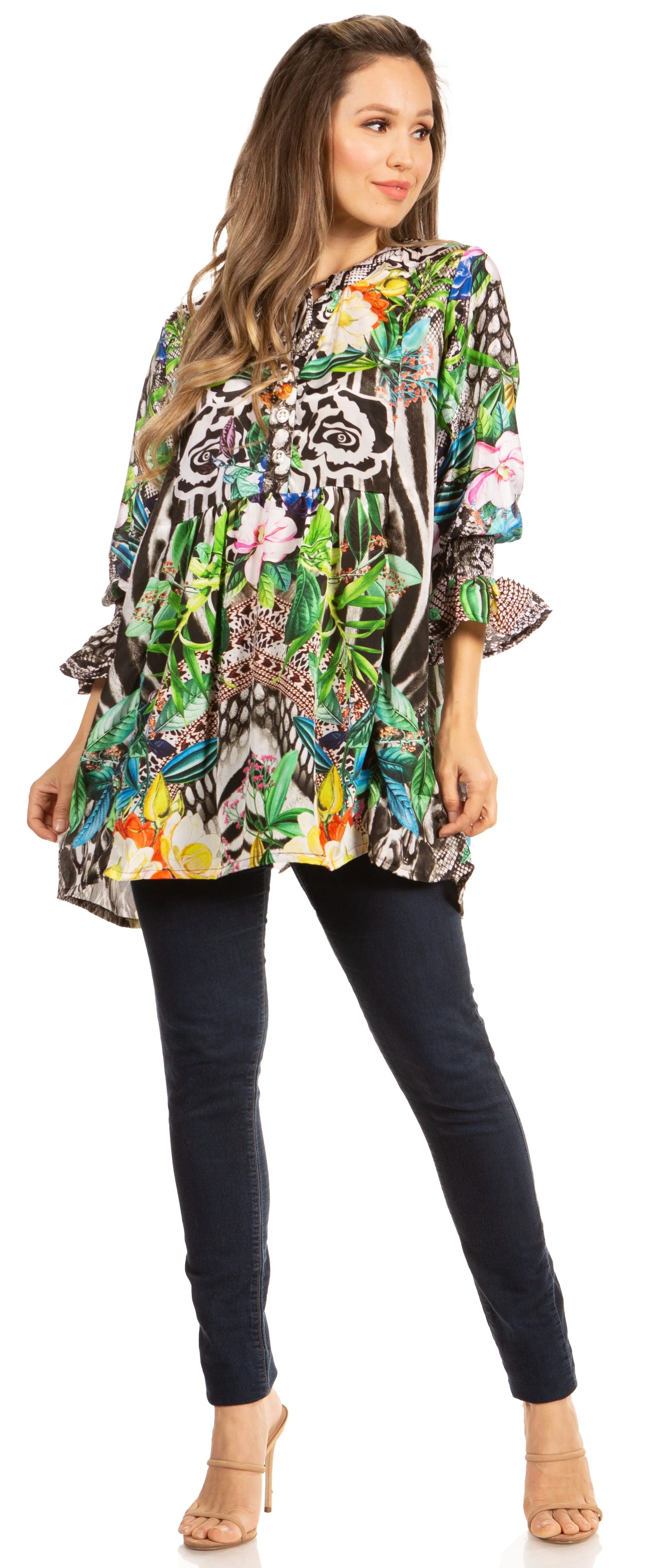 Elvira Floral Tunic Blouse - Women's Loose Swing Top with Long Sleeves and Scoop Neck by Sakkas - Image 15
