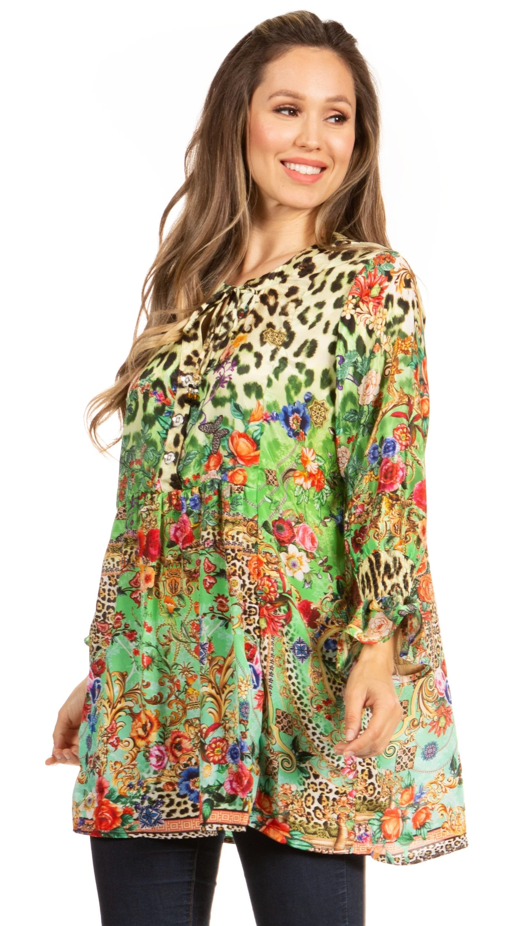 Elvira Floral Tunic Blouse - Women's Loose Swing Top with Long Sleeves and Scoop Neck by Sakkas - Image 4