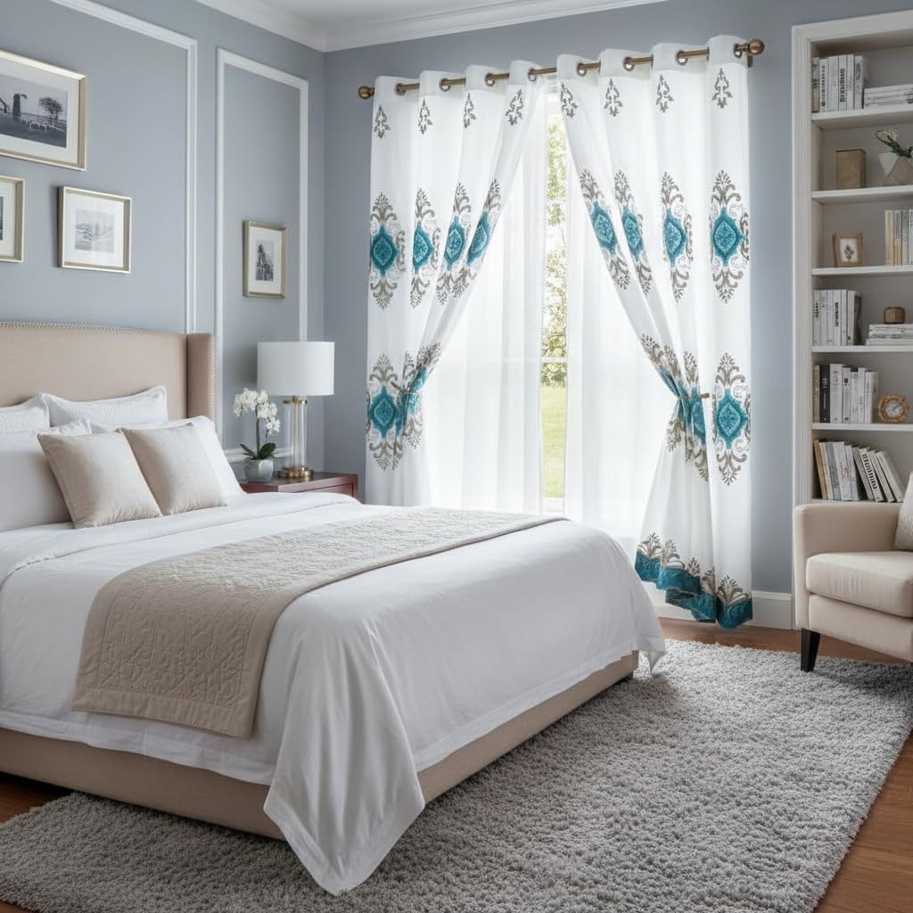 Embroidered Medallion Curtain Set – 2 Panel Window Drapes with Attached Backing & Matching Valance - Image 16