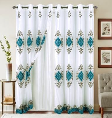 Embroidered Medallion Curtain Set – 2 Panel Window Drapes with Attached Backing & Matching Valance - Image 18