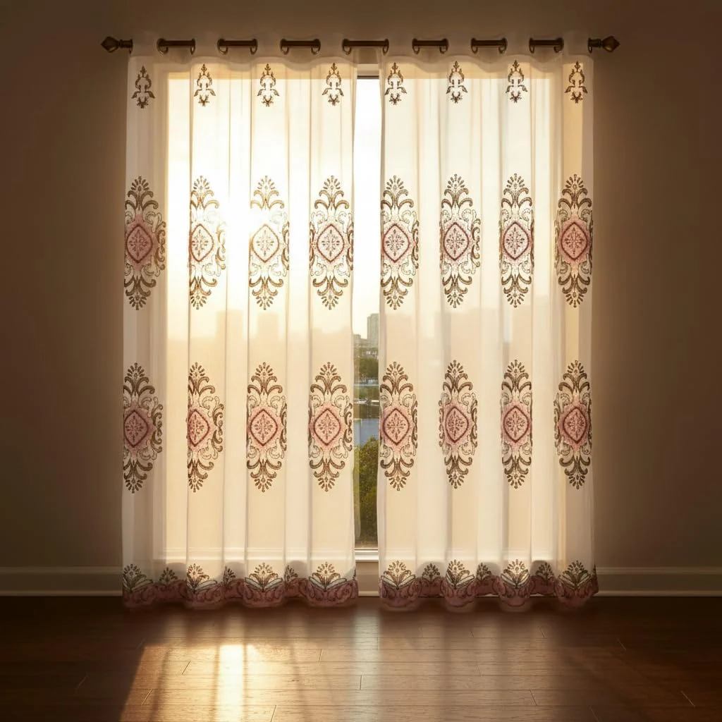 Embroidered Medallion Curtain Set – 2 Panel Window Drapes with Attached Backing & Matching Valance - Image 8