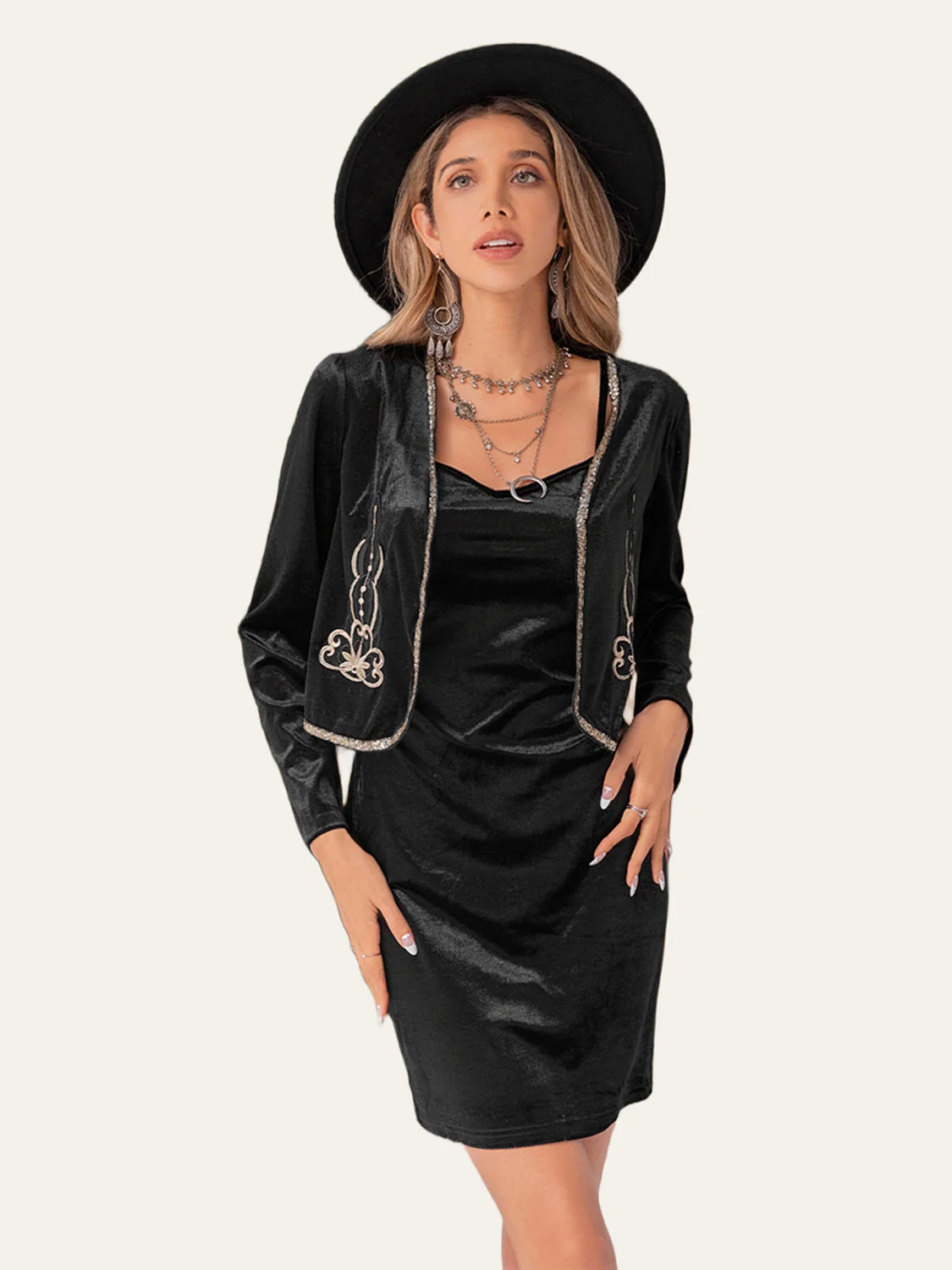 Embroidered Open Front Cardigan and Cami Dress Set - Image 2
