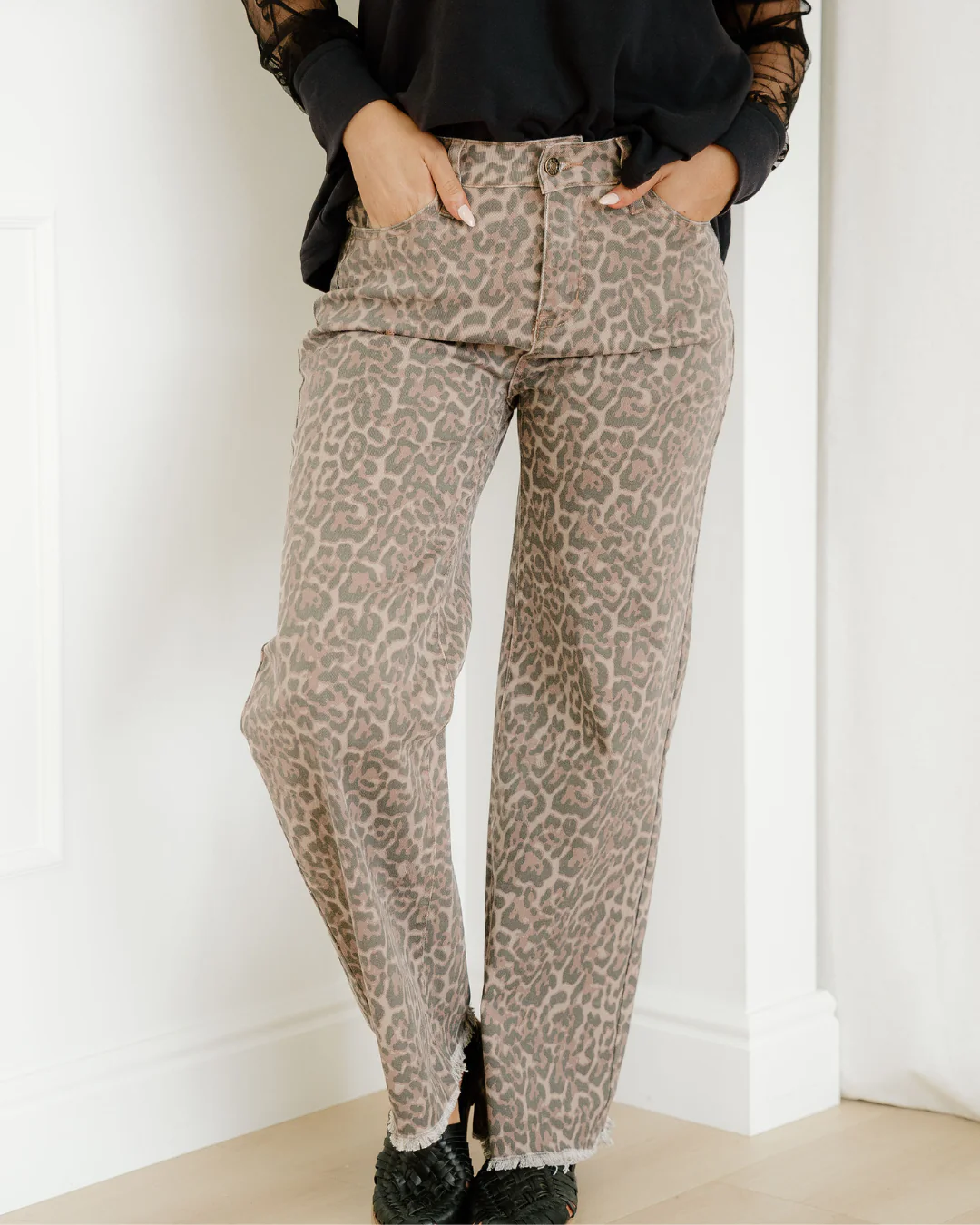 Emiliana Leopard Frayed Edge Wide Leg High Waist Jeans - Image 2