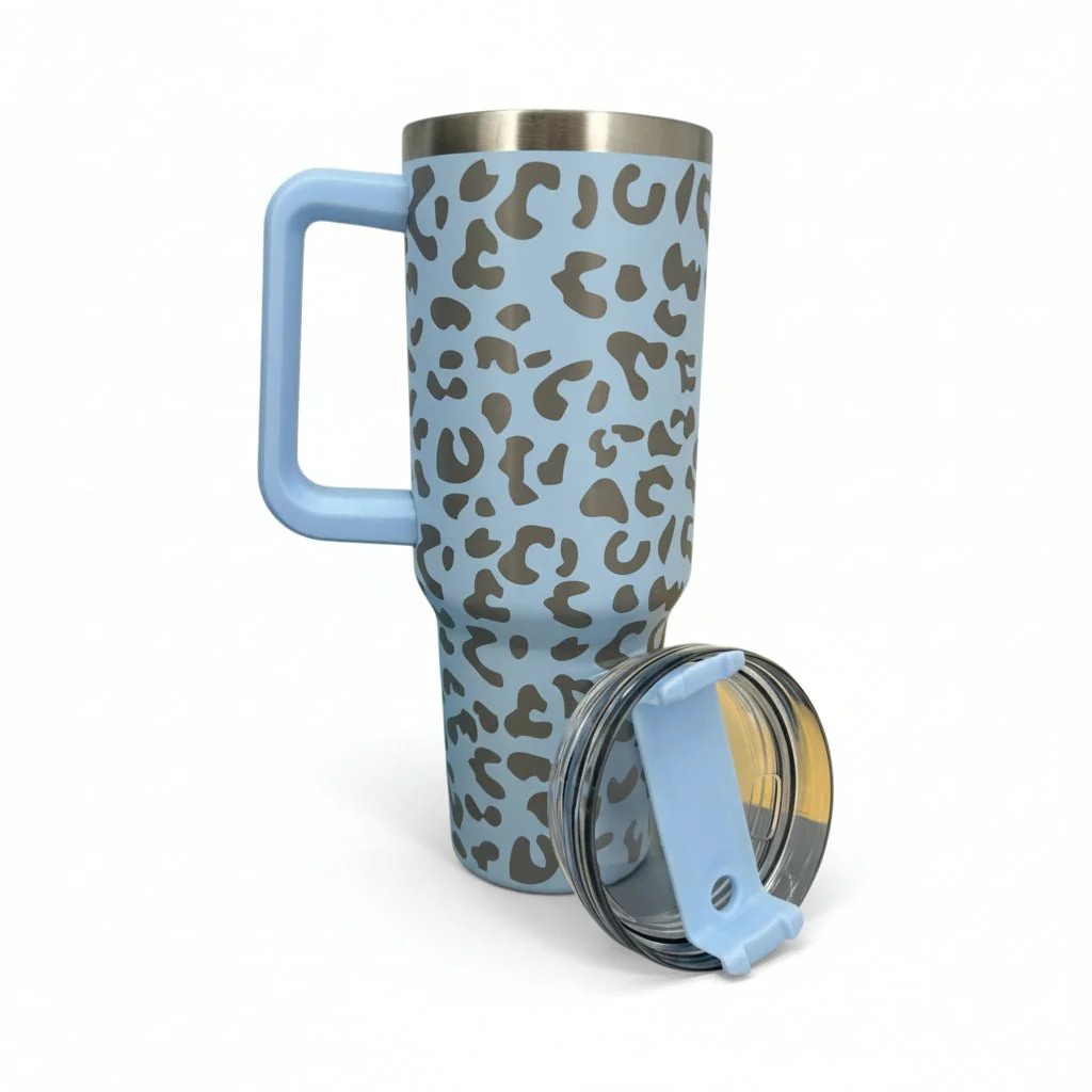 Engraved Leopard Print 40 oz Tumbler with Handle and Straw Lid - Image 15
