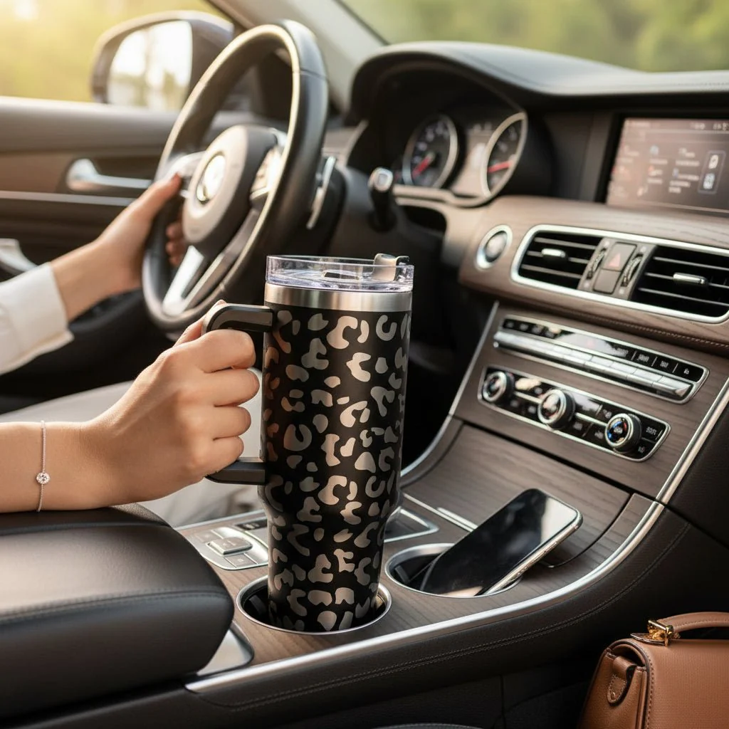 Engraved Leopard Print 40 oz Tumbler with Handle and Straw Lid - Image 5