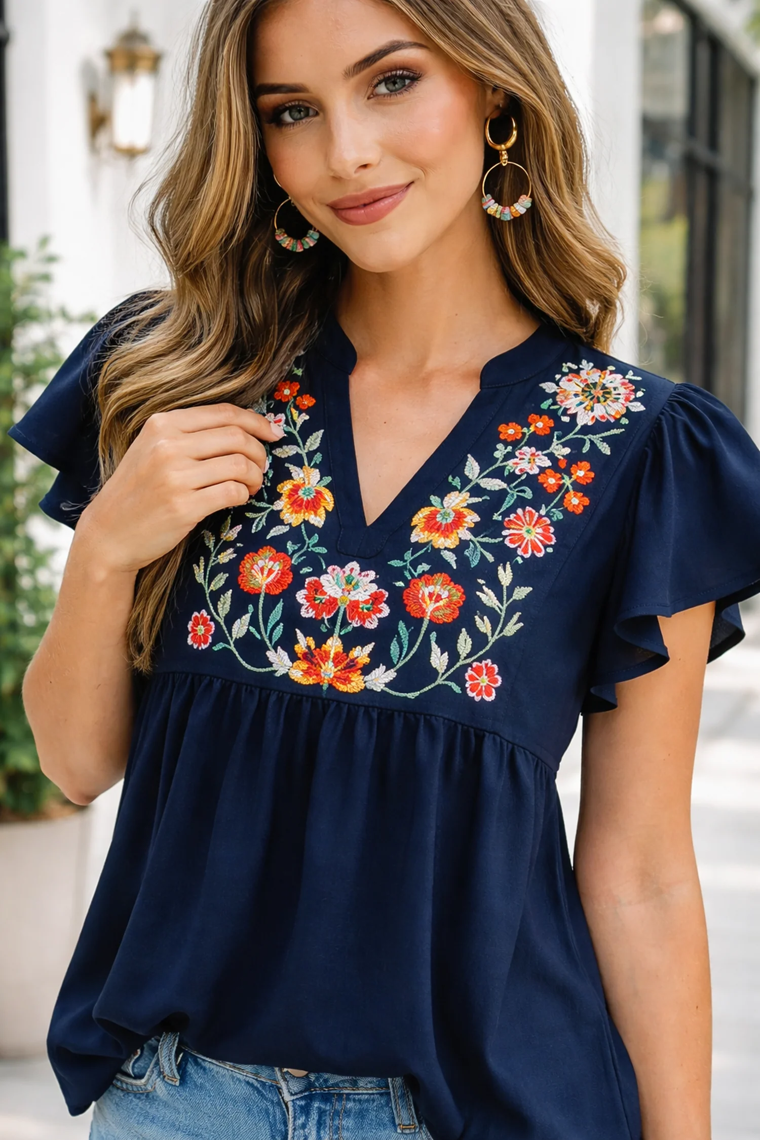 Threaded Pear Erin Embroidered Detail Babydoll Blouse - Image 4