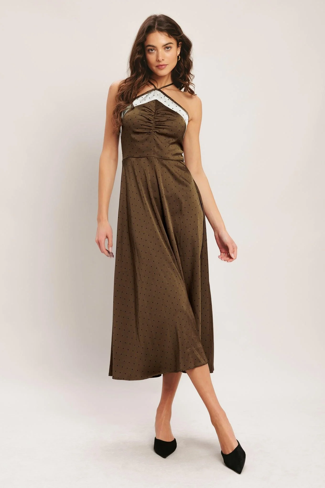 Espresso Chic Woven Satin Midi Dress - Image 3