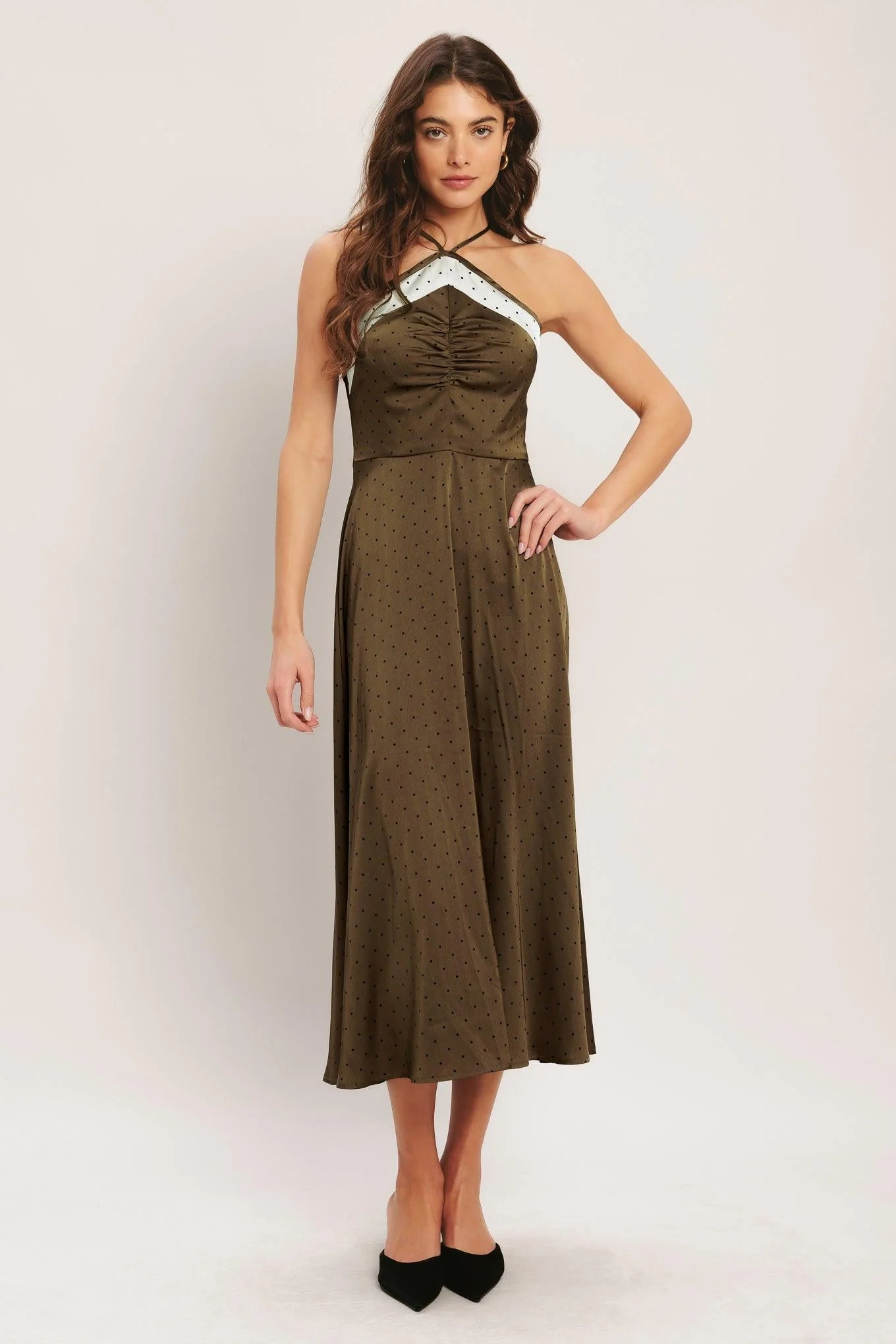 Espresso Chic Woven Satin Midi Dress - Image 6