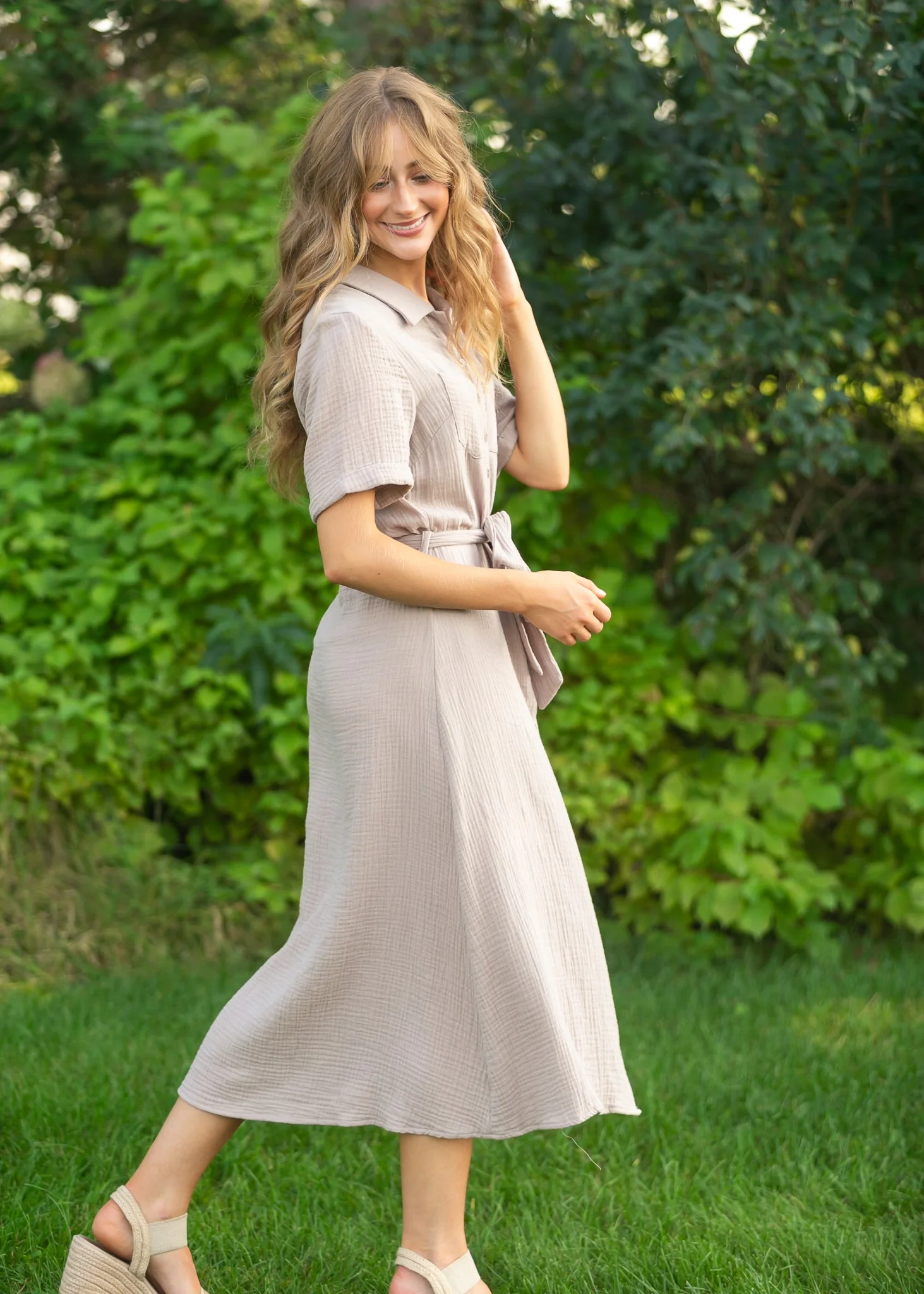 Essential Taupe Short Sleeve Gauze Shirt Dress - Image 4
